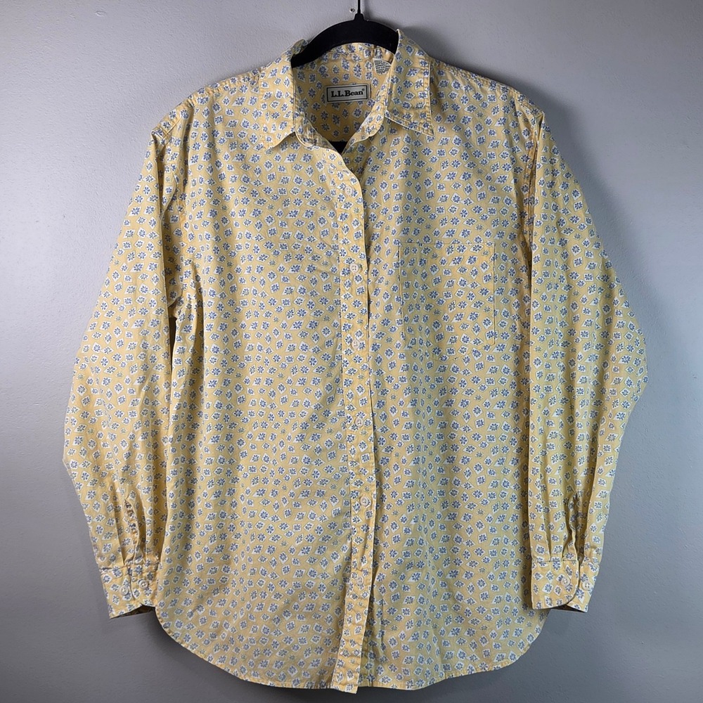 LL Bean Button Down Shirt Womens Medium Yellow Floral Excellent Cotton Blouse